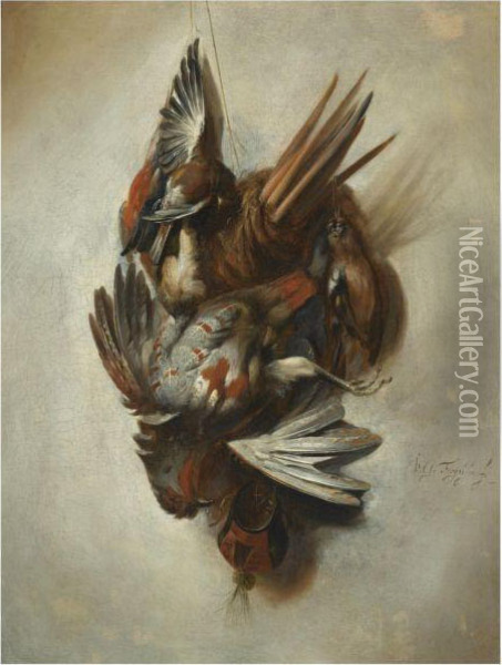 A Falconry Still Life With A Dead Partridge, Songbirds Oil Painting - William Gowe Ferguson