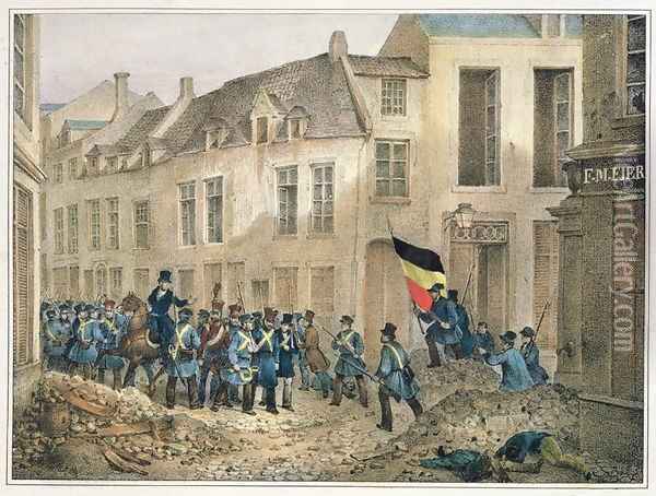The Rue de Louvain, Brussels, 23rd September 1830, engraved by A.M. Jobard (fl.1820-30) Oil Painting - Jean-Louis Van Hemelryck