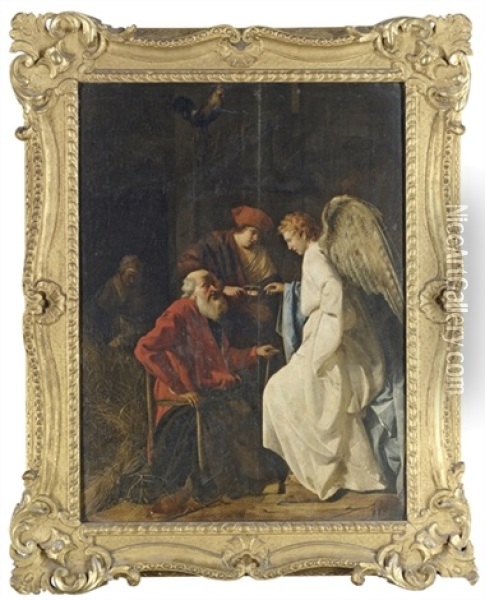 Tobias And The Angel Curing Tobit Of Blindness Oil Painting - Simon Hendricksz van Amersfoort
