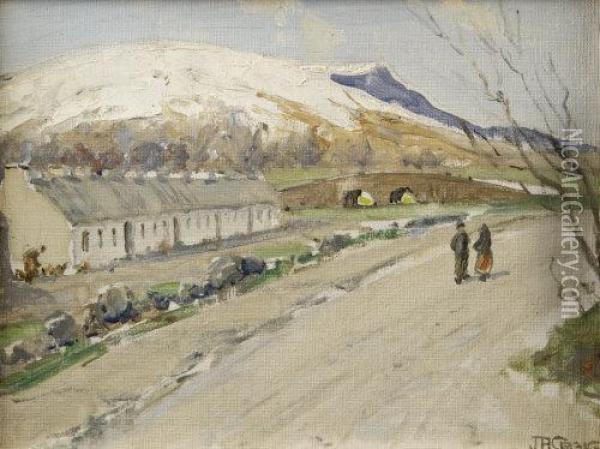 Figures On Road By Cottages, West Of Ireland Oil Painting - James Humbert Craig