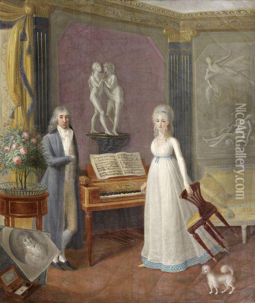 Portrait De Mr Et Mme Lanchere De La Glandiere Pres D'un Pianoforte Oil Painting - Jean-Francois Bosio