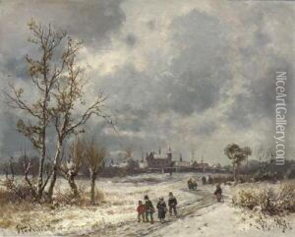 Winterspaziergang Vor Der
 Stadt. Oil Painting - Adolf Stademann
