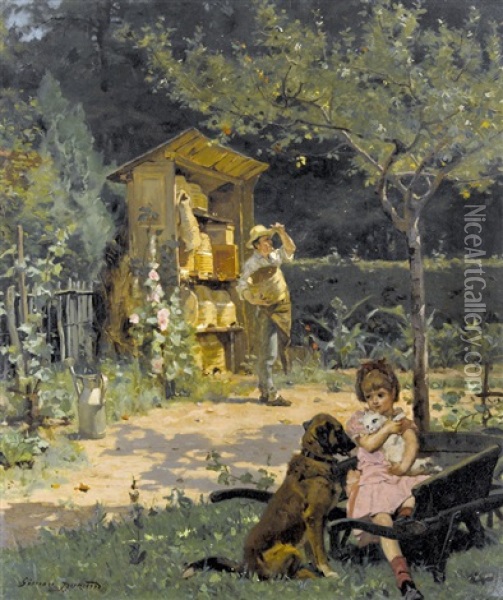 Garten Mit Imker Und Spielendem Madchen Oil Painting - Simon Durand