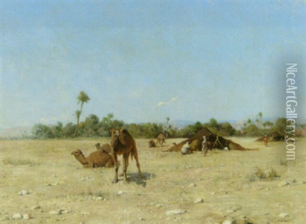 Camels By An Arab Encmpment Oil Painting - Paul Jean Baptiste Lazerges
