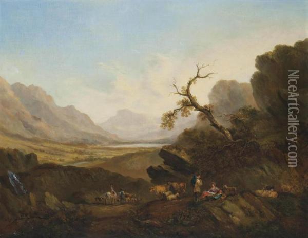 An Extensive River Landscape With Figures Resting, Cattle And Sheep, Mountains Beyond Oil Painting - John Rathbone