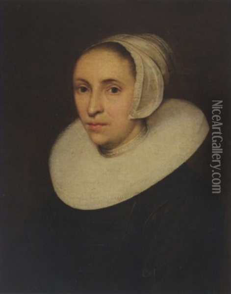 A Portrait Of A Lady, Aged 42, Wearing A Black Dress With A White Lace Millstone Collar And A White Cap Oil Painting - Jacob Gerritsz Cuyp