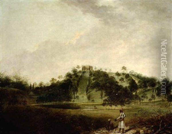 View Of Pirpahari At Monghyr With Figures In The Foreground And An Elephant Procession Beyond Oil Painting - William Hodges