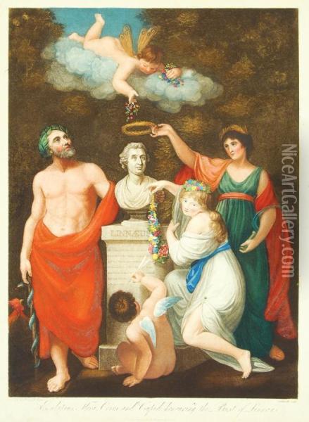 Aesculapius Flora, Ceres And Cupid Honouring The Bust Oflinnaeus Oil Painting - James Caldwall