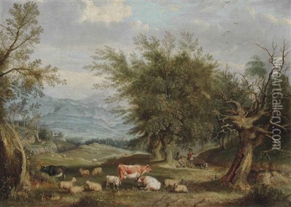 Cattle And Sheep In A Landscape Oil Painting - Abel Hold