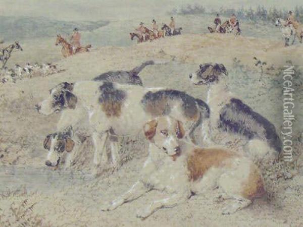 Jnr Foxhounds Watering Oil Painting - John Frederick Herring Snr