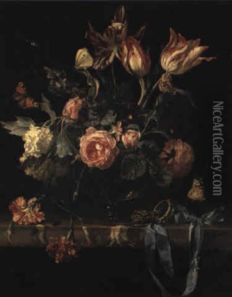 Still Life Of Roses And Other Flowers With Watch In Crystal Case Oil Painting - Willem Van Aelst
