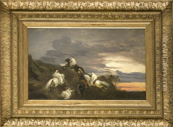 Auf Ihren Pferden Fliehende Araber Auf Einer Anhohe Im Abendlicht Oil Painting - Adolf Schreyer