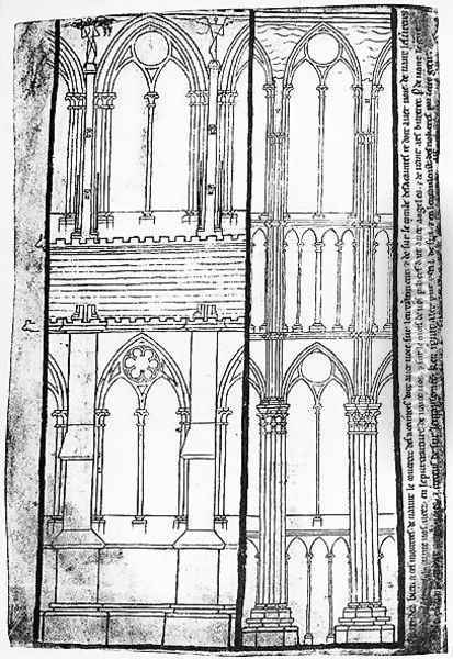 Exterior and Interior Elevation of the Lateral Walls of Reims Cathedral Oil Painting - Villard De Honnecourt
