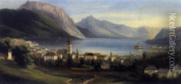 Blick Auf Gmunden Mit Schlos Orth Im Hintergrund Oil Painting - Ferdinand Lepie