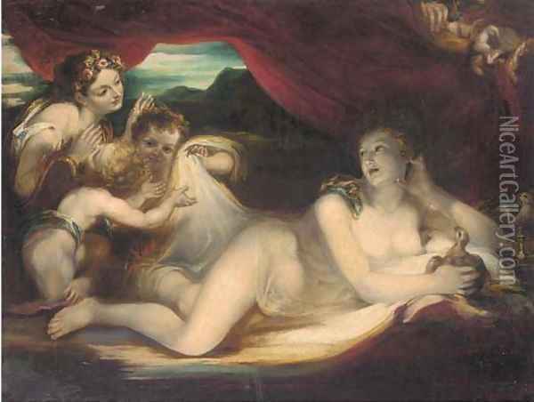 Venus reclining on a couch with cherubs and a nymph, a satyr looking on Oil Painting - Valerio Castello