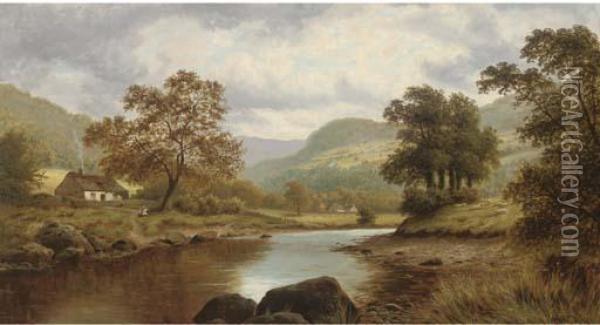 Sheep And Cottages Beside A River Oil Painting - Thomas Spinks