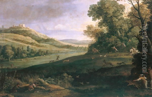 Landscape with Rabbit Hunt Oil Painting - Oszkar Nagy