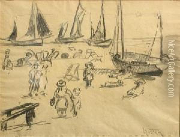 Jetty; Sailboats, England; Tents On The Beachwith Children (a Group Of Three) Oil Painting - William Samuel Horton