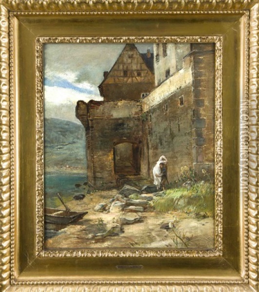 Ausgang An Der Wasserseite Von Schloss Gondorf An Der Mosel Mit Frauenraub Oil Painting - Rudolf Ribarz