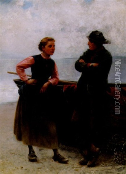 Fiskarpar Pa Strand Oil Painting - August Vilhelm Nikolaus Hagborg