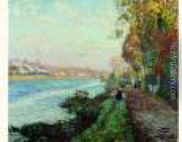 Deux Fillettes En Automne Sur Un Chemin Le Long D'une Riviere, Vers 1902-1905 Oil Painting - Henri Lebasque