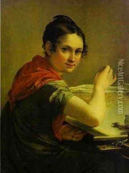 Gold Embroideress 1826 Oil Painting - Vasili Andreevich Tropinin