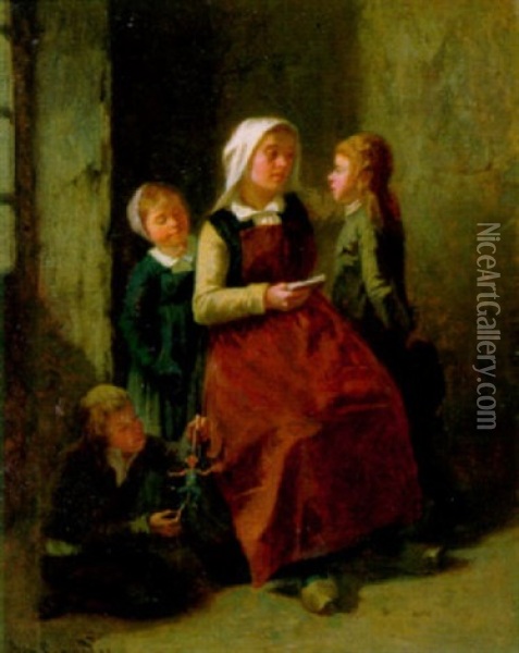 Interieur Mit Junger Frau Und Kindern Oil Painting - Amedee Guerard