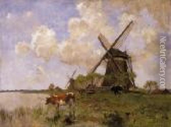 Dutch Landscape With Smock-mills Oil Painting - Gerard Altmann