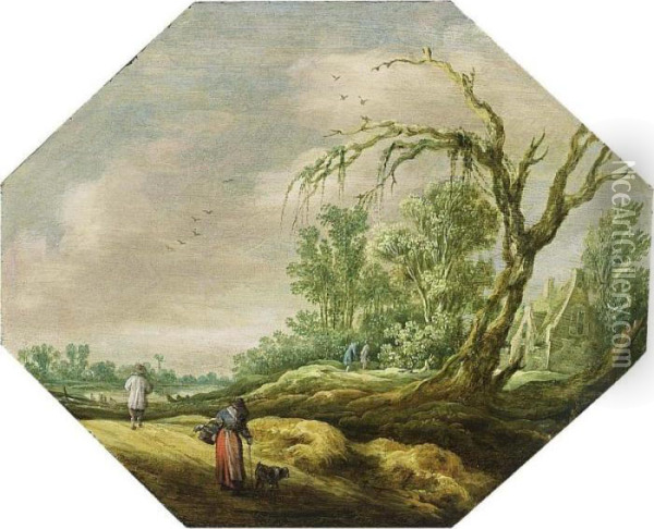 A Wooded Landscape With A Woman And A Dog On A Path Near A House, A River Beyond Oil Painting - Esaias Van De Velde