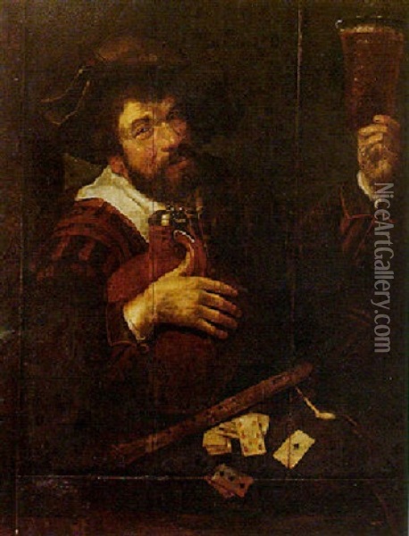 A Man Holding A Glass Of Ale, A Flagon Under His Other Arm Oil Painting - Theodoor Rombouts