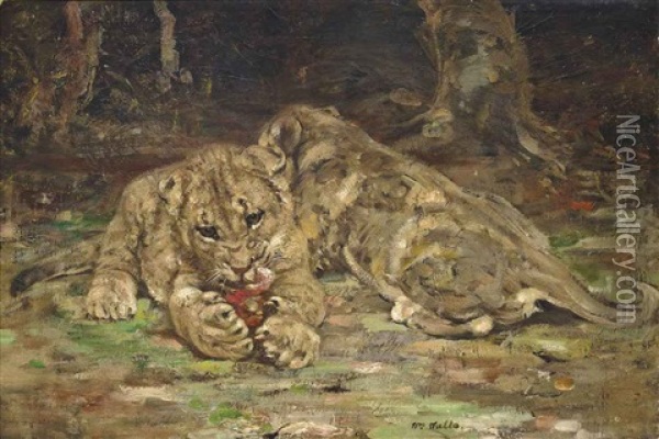 Lion Cubs At Rest Oil Painting - William Walls