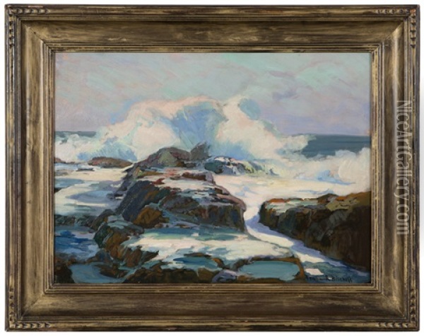 Rocky Coastal With Crashing Surf Oil Painting - Franz Arthur Bischoff