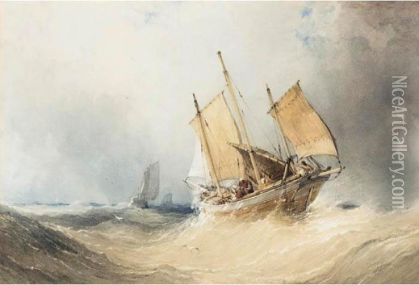 A Fishing Smack And Other Shipping On Open Seas Oil Painting - William Callow