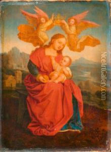 Maria Mit Dem Kind, Bekront Von Zwei Engeln. Oil Painting - Martin Schongauer