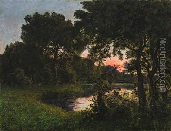 Evening At The Forest Lake Oil Painting - Viggo Pedersen