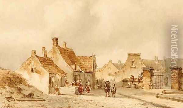 Figures in the Streets of a Dutch Coastal Town Oil Painting - Pieter Gerard Vertin