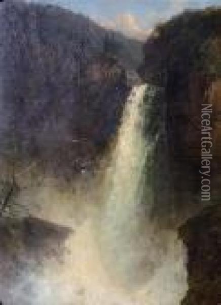 Waterfall In A Wooded River Valley With A Snow Topped Mountain In The Background Oil Painting - James Burrell-Smith