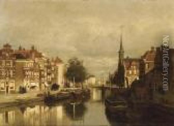 Canal In Dordrecht Oil Painting - Johannes Christiaan Karel Klinkenberg