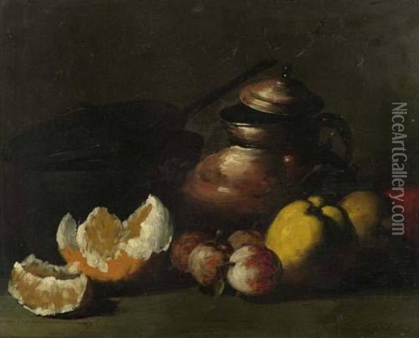Stilleben Mit Fruchten, Kanne Und Dose. Oil Painting - Germain Theodure Clement Ribot