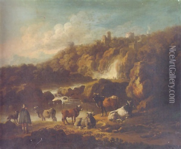 A Mountainous Landscape With A Drover And Cattle By A River Oil Painting - Johann Melchior Roos