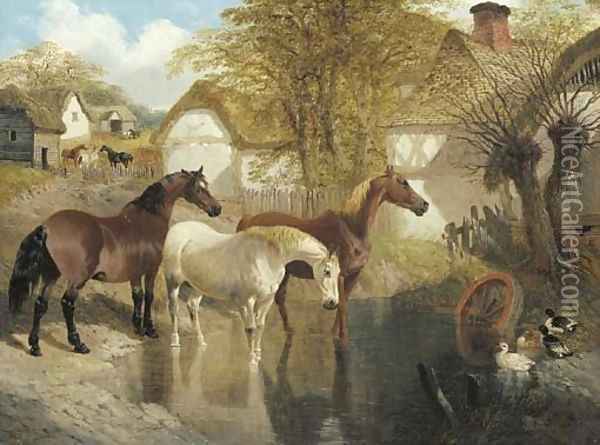 Horses and ducks by a farm pond Oil Painting - John Frederick Herring Snr