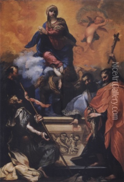 The Assumption Of The Virgin With Saints Jacobus,a Franciscan, Ignatius, Francis Xavier (or John Nepomuk) And Andrew Oil Painting - Clemente Bocciardo (il Clementone)