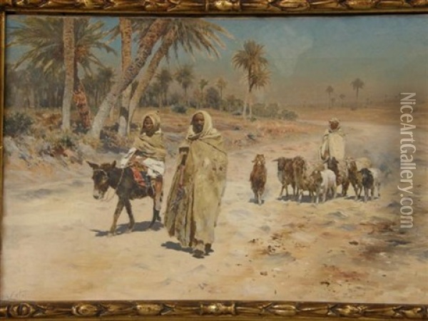 Arab Goatherd With Other Figures One Riding On A Donkey Oil Painting - Antonino Leto