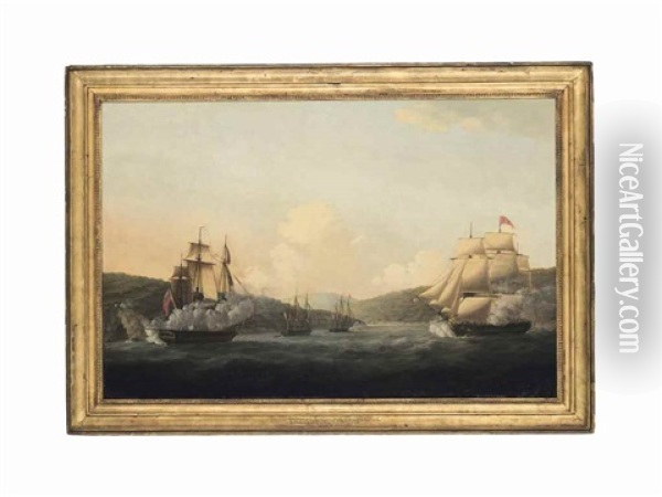 The Capture Of The 32-gun French Frigate Amiable And The Corvette Ceres After Their Encounter With Sir Samuel Hood In The Barfleur, With The Valiant And The Magnificent, In The Mona Passage, 19 April 1782 Oil Painting - William Elliott