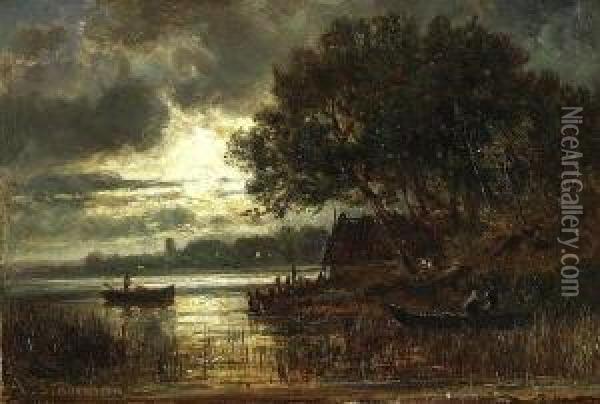 Fischerboote Am Nachtlichen
 Seeufer. Oil Painting - Adolf Stademann