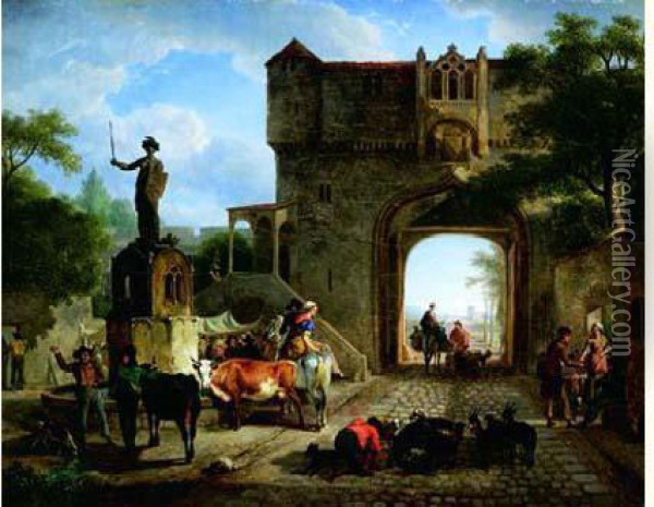 Scene De Marche A L'entree D'une Ville Fortifiee Oil Painting - Jean Louis (Marnette) De Marne