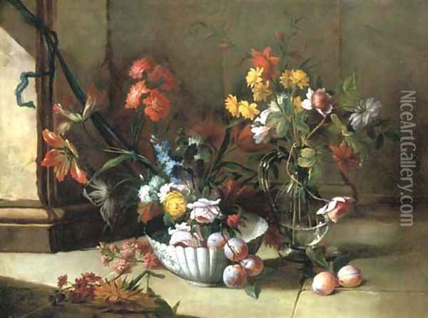 Roses, carnations and other flowers and plums in a porcelain bowl Oil Painting - Niccolino Van Houbraken