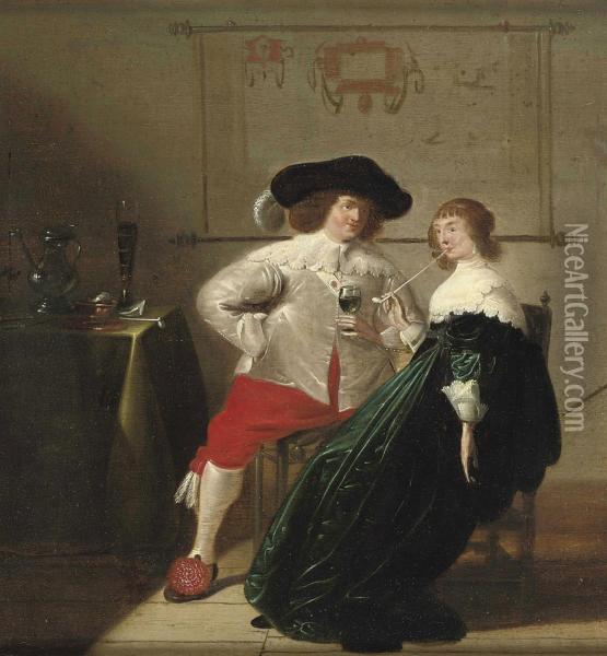An Interior With A Man Drinking And A Woman Smoking A Pipe Oil Painting - Jan Olis