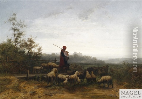 Heimkehrende Schafhirtin In Abendlicher Landschaft Oil Painting - Christian Friedrich Mali