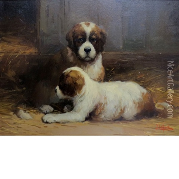 St. Bernard Puppies Oil Painting - Jean Lefort